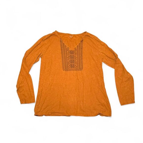 Garnet Hill orange long sleeve hemp/cotton boho shirt with embroidery Sz M - Picture 5 of 5
